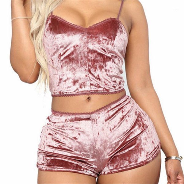 

new fashion women velvet lingerie v-neck solid underwear pajamas bralette shorts set1, Black;red