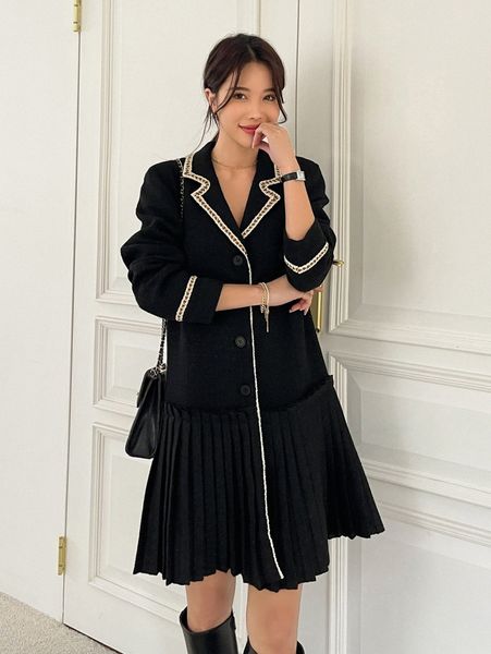 

dazy contrast trim lapel neck pleated hem tweed overcoat t3yc#, Black