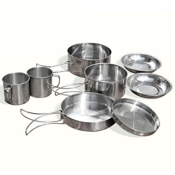 

camp kitchen 8pcs/set stainless steel outdoor picnic pot pan kit camping hiking cookware plate/bowl/cup/pan cover cooking set1