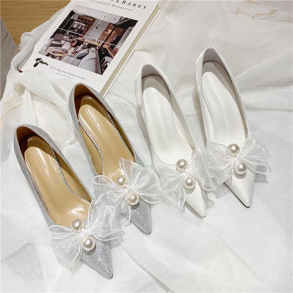 

new fashion pearl bows women fashion high heels wedding shoes heel ballet white silver bridal bridesmaid shoes, Black