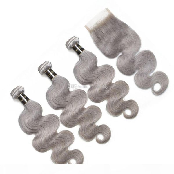 

lace closure and grey human hair bundles body wave wavy color gray malayian virgin hair weaves with 4x4 closure bleach knot, Black