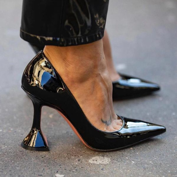 

black patent leather basic pumps office lady business high heel shoes women strange heel pointed toe formal shoes women lj201112