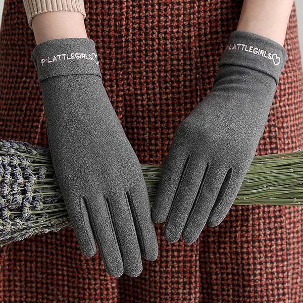 

five fingers gloves women thin cotton short letter embroidered full finger touch screen winter wool warm soft cycling driving mitttens i16, Blue;gray