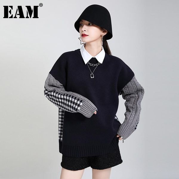 

eam] contrast color plaid knitting sweater loose o-neck long sleeve women pullovers new fashion autumn winter 2021 1dd3884, White;black