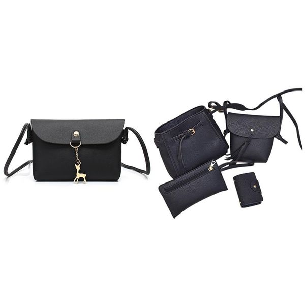 

1x women's deer pendant pu leather crossbody shoulder bag (black) & 4pcs women four set fashion handbag shoulder bag