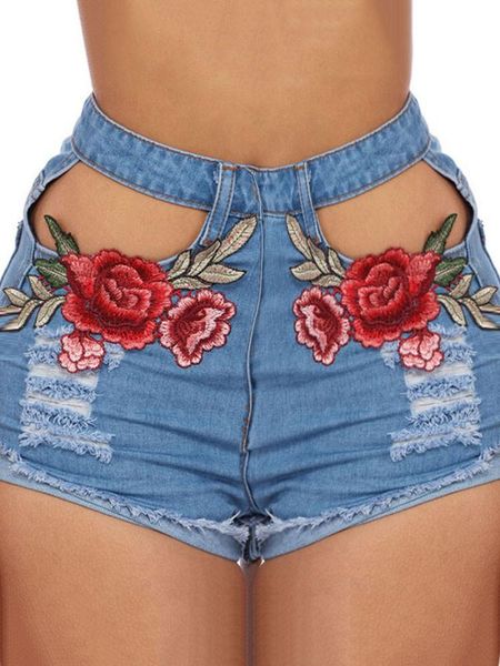 

women's jeans high waist short denim pants woman embroidered trouser, Blue