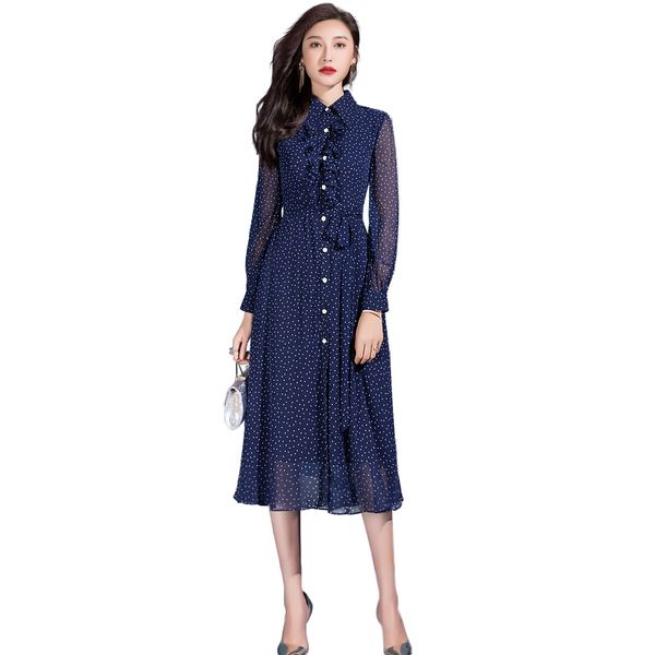 

spring new style polka dot long blue chiffon shirt dress woman 6kvl, Black;gray