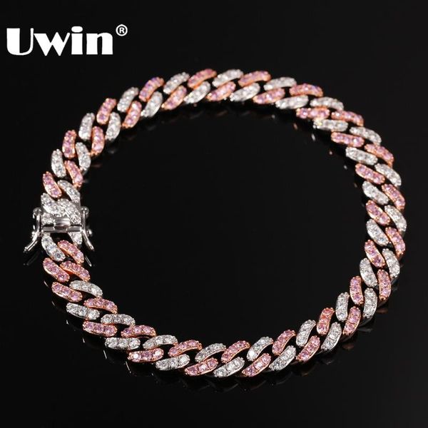 

link, chain uwin men women bracelet 9mm iced out rose gold silver color cuban link with white &pink cubic zirconia bracelets jewelry, Black