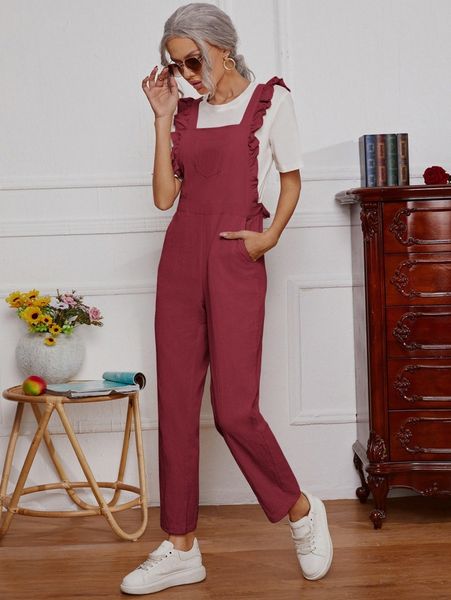 

crisscross back ruffle trim slant pocket jumpsuit b8tt#, White