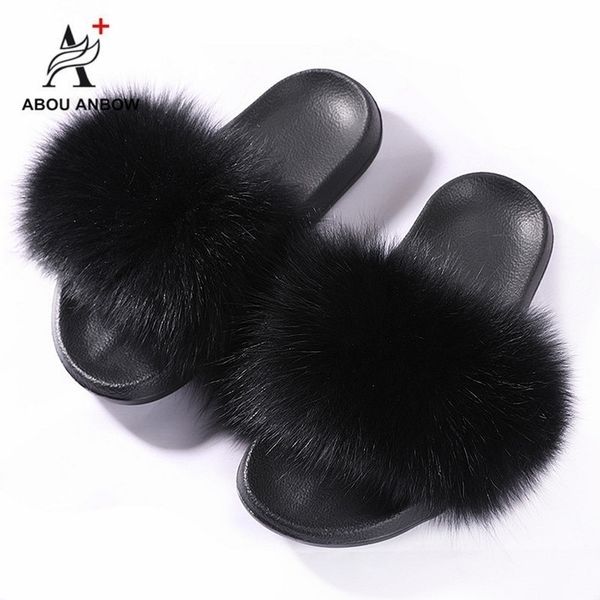 

women's fur slippers women fox fur slides home furry flat sandals female cute fluffy house shoes woman brand luxury y200624, Black