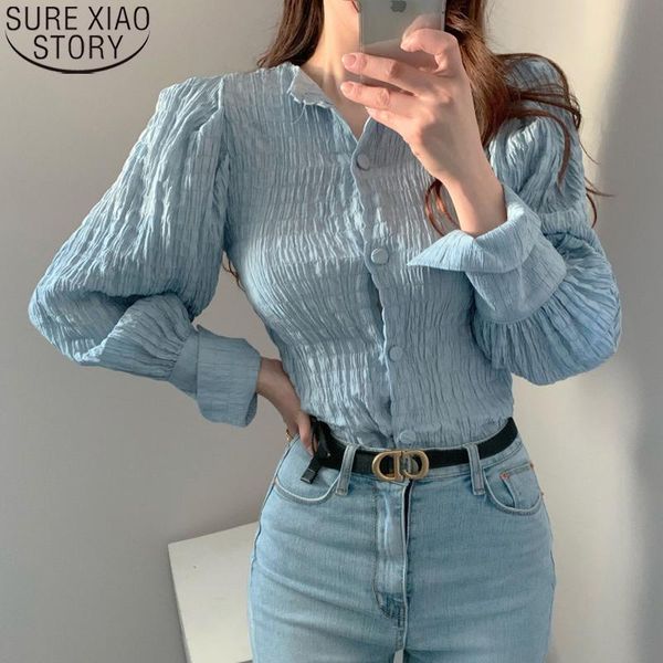 

women's blouses & shirts fashion casual cotton shirt women pleated blouse lantern long sleeve solid blue back button 10993, White