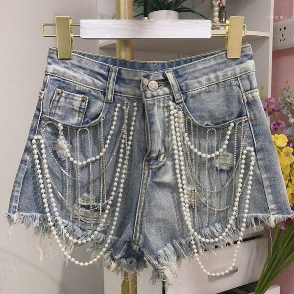

women 2020 new summer rhinestone pearls tassels beads high waist denim shorts female casual wide leg jeans chic wild shorts y1091, White;black