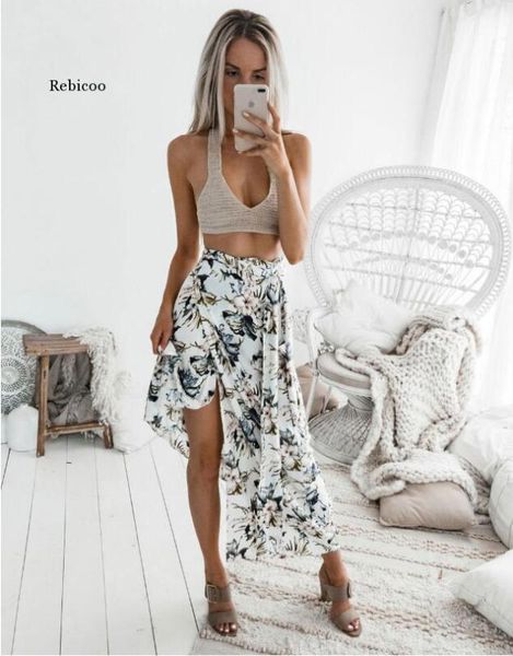 

rebicoo boho summer style print skirts women high waist long skirts vintage elegant split floral print beach skirt female1, Black