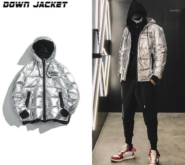 

2019 japanese loose silver glossy hooded down jacket men winter white down coat men's warm jackets coats1, Black