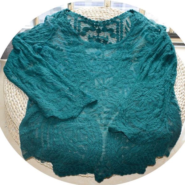 

women vintage deep greene floral lace summer beach victorian romantic long sleeve solid casual o-neck party blouse shirts, White