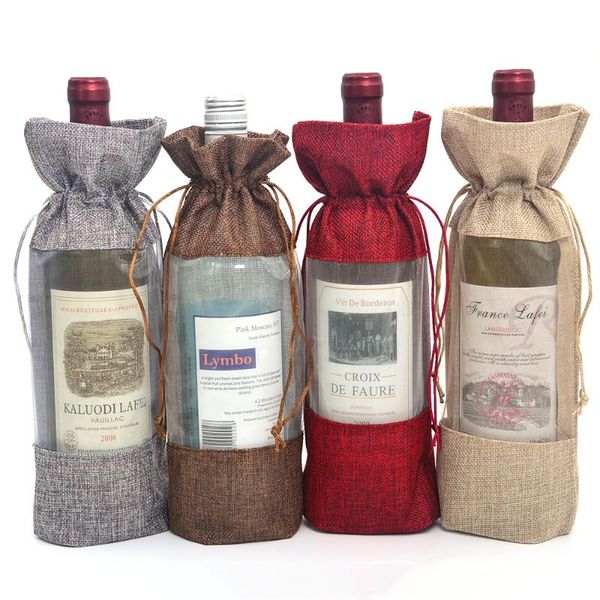 

10pcs 5.5"x12.2" clear window flax jute gift wine bottle bags for red wine champagne wedding party favor bag jute cloth