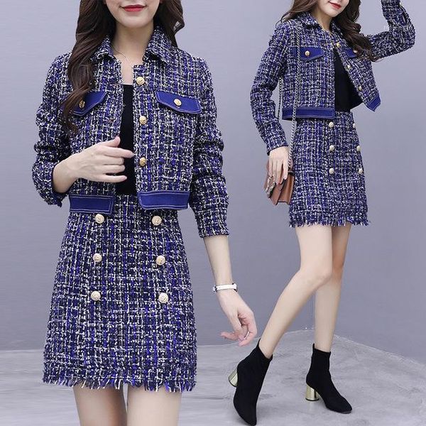 

2020 new spring autumn fashion casual ladies short jacket and mini skirt two pieces set woman elegant plaid tweed skirts suit1, White;black