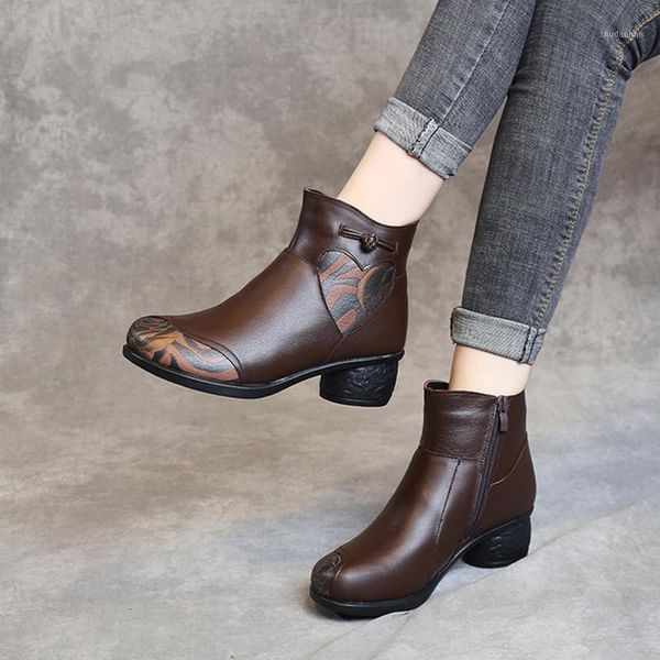 

boots women genuine leather retro winter large size keep warm shoes cotton printed zipper thicken plush boots1, Black