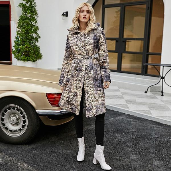 

2021 winter classic vintage leopard windbreaker plus size thick padded long down coat women's hooded lace oversized coat, Tan;black