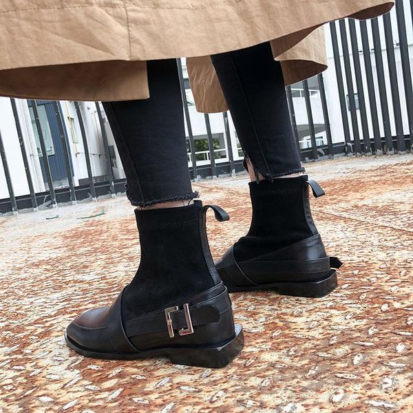 

women fall winter lady boots low heels chunky buckles short boots women suede leather mujer socks ankle shoes#84, Black