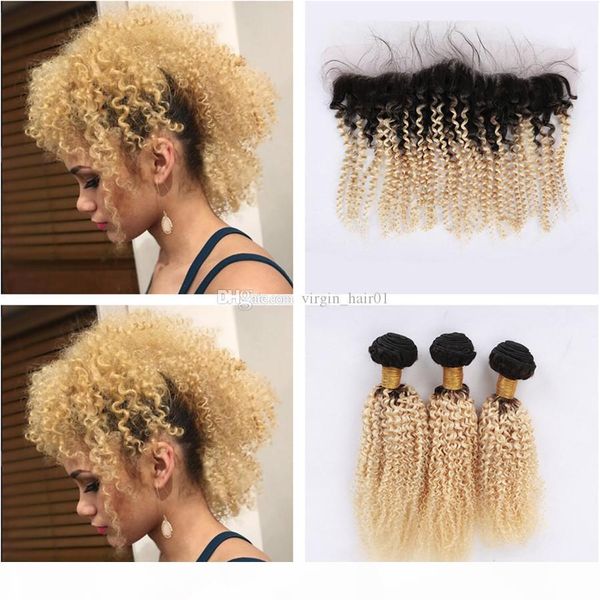 

1b 613 light blonde afro kinky human hair with lace frontal 13*4 brazilian human virgin hair ear to ear lace frontal with bundles, Black;brown