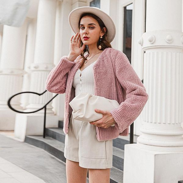 

women's fur & faux simplee chic solid hairy women coat v-neck long sleeve hidden buckle soft teddy jacket high street warm winter 2021, Black