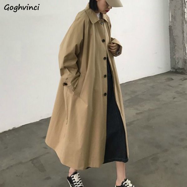

trench long coat women loose simple korean style all-match ins leisure daily outwear womens oversize sweet solid chic elegant 1026, Tan;black