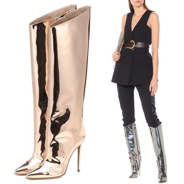 

brand designer knee high boots women fashion pointed toe high heels patent leather zipper runway shoes woman zapatos de mujer, Black