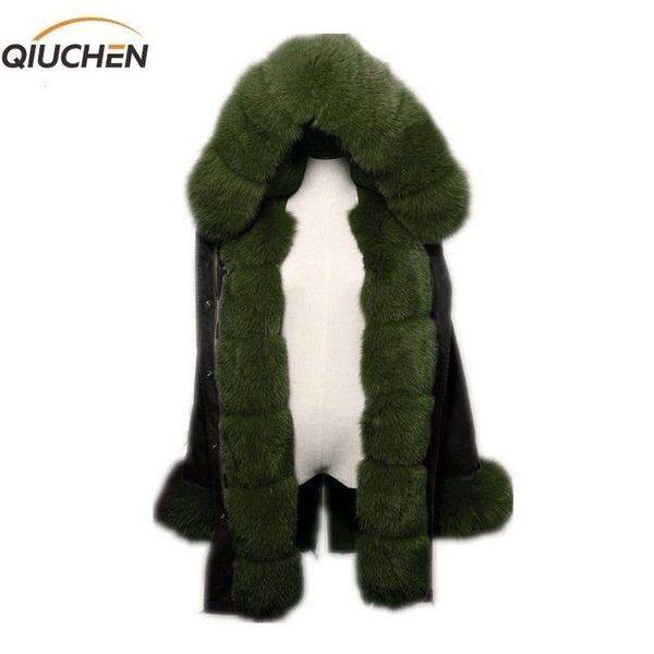 

qiuchen pj6004 real fur parka with real fox fur hood and placket long model women black jacket with rex rabbit fur lining 201125