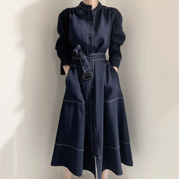 

2021 new -autumn turtleneck vintage cardigan women's dresses only loose a-line dress female long pocket belt on gqkk, Black;gray