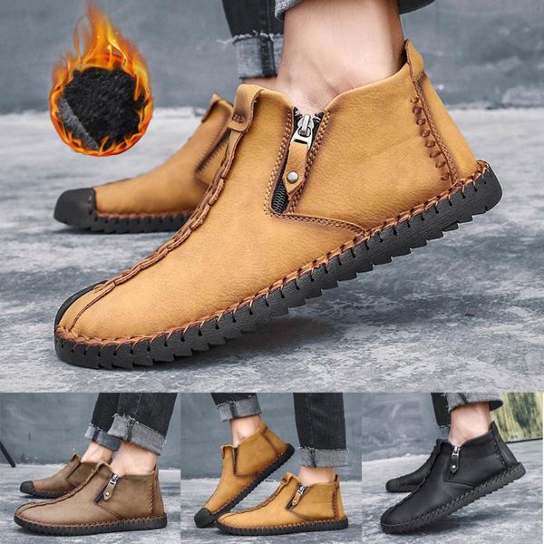 

high-men's casual plus velvet shoes high-outdoor winter warm casual men's ultra-light shoes male zipper loafers flats, Black