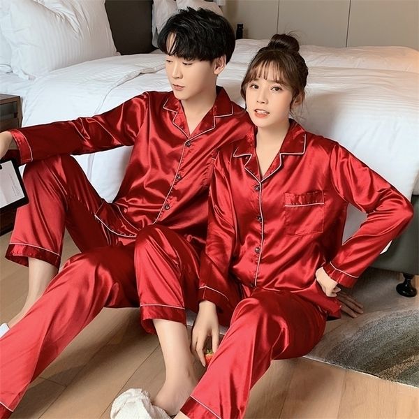 

solid color sleepwear silk satin pajamas couple set long button-down pyjamas suit pijama women men loungewear plus size pj set 201111, Black;brown