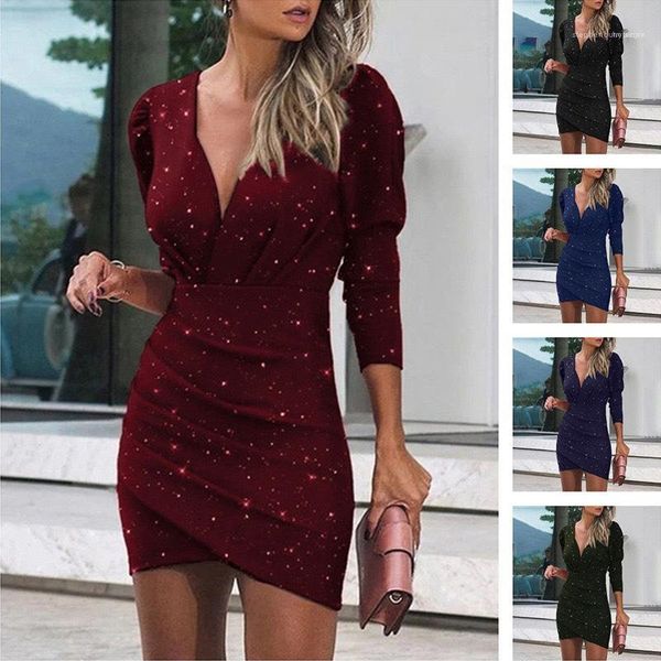 

v neck sequins dresses fashion casual plus size women clothes women designer mini dress long sleeve, Black;gray