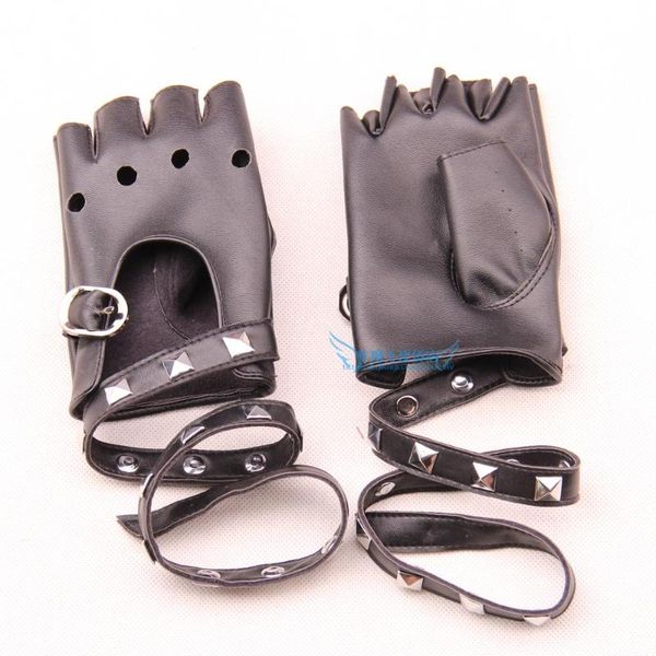 

women pu leather gloves semi-finger rivets wrist buckle-belts cool ladies gloves, Blue;gray
