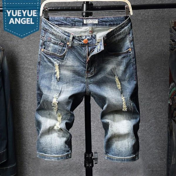 

high street mens jeans casual knee length beach trousers summer ripped elastic loose fit straight men denim shorts plus size 40 kg-739, Blue