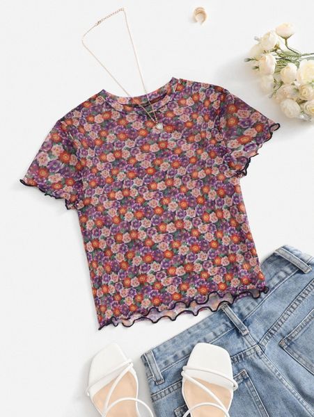 

floral print lettuce trim d1nw#, White