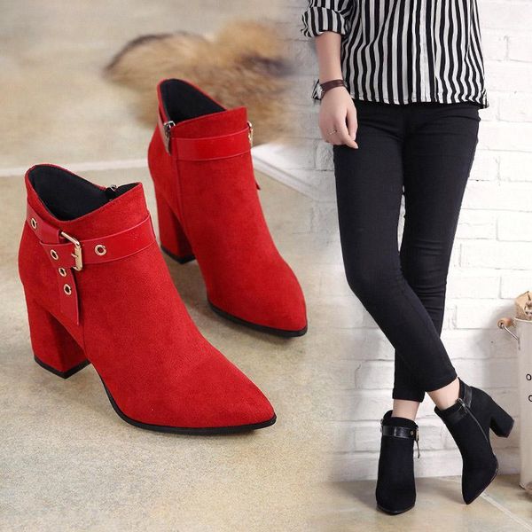 

boots women zip buckle ankle ladies pointed toe square high heels elegant female fashion faux suede party shoes1, Black