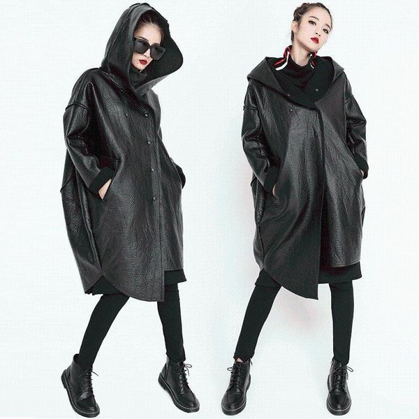 

loose fit hooded black pu leather thick oversize jacket new long sleeve women coat fashion tide autumn winter1