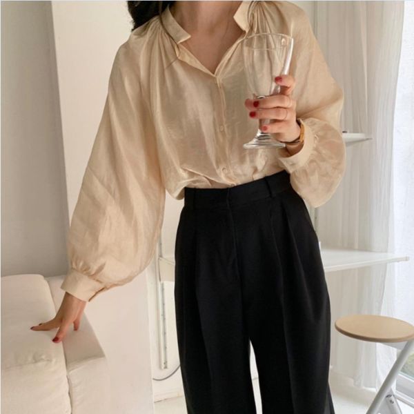 

temperament glossy loose lantern sleeve shirt high waist straight tube solid color hanging lantern shirt lanternloose drape trousers bm9mw b, Gray