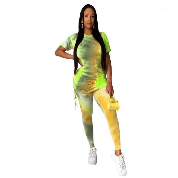 

sport sets short sleeve drawstring crew neck tshirt slim fit trousers ladies two piece pants womens tie dye, White