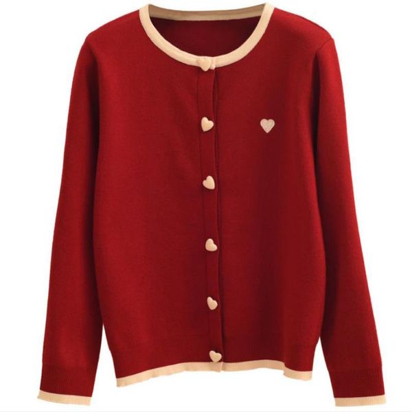 

women girl korean style full sleeve round neck knitted cardigans female casual embroidery heart sweater coats, White