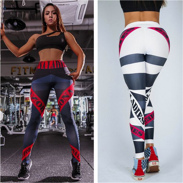 

2020 digital printing geometric stripe letter women yoga fitness leggings fashion striped sportswear leggings running clothing, Black