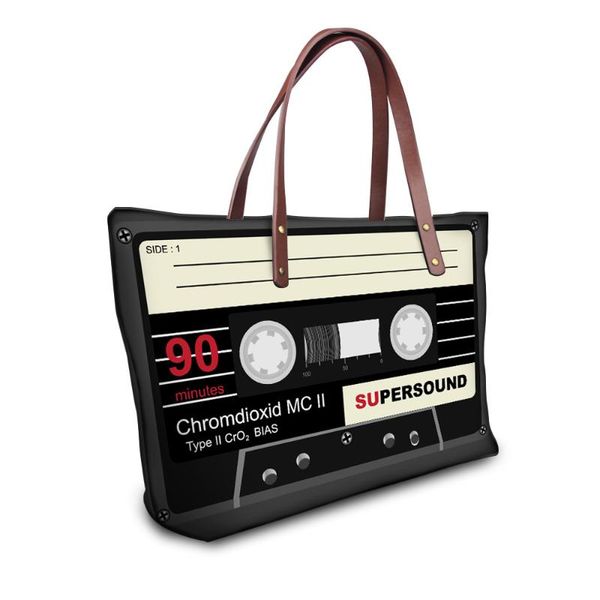 

2020 fashion women handbags 3d records tapes print high capacity shoulder bags casual ladies travel tote satchels handle bolsas