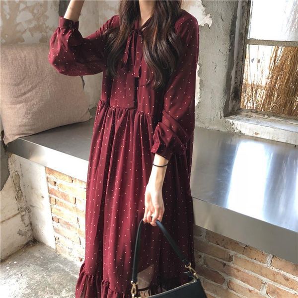 

women chiffon dress 2021 spring summer new fashion female long sleeve vintage printed dot lace up loose casual a-line dresses, Black;gray