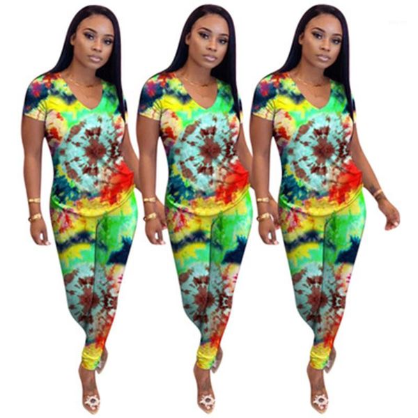 

sets tie dye color 2pcs suits women fashion trend round neck short sleeve trousers sets designer female loose casual two piece, White