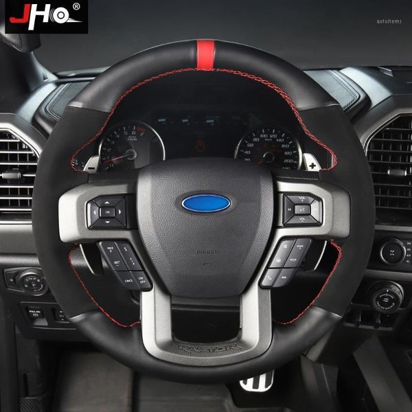 

jho car accessories patchwork faux leather steering wheel hand-stitching wrap cover for 2020-2020 f150 raptor1