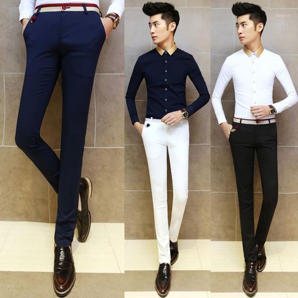 

2021 fashion men dress pants male skinny slim fit trousers all match applique cotton trousers mid waist white men suit pants1, White;black