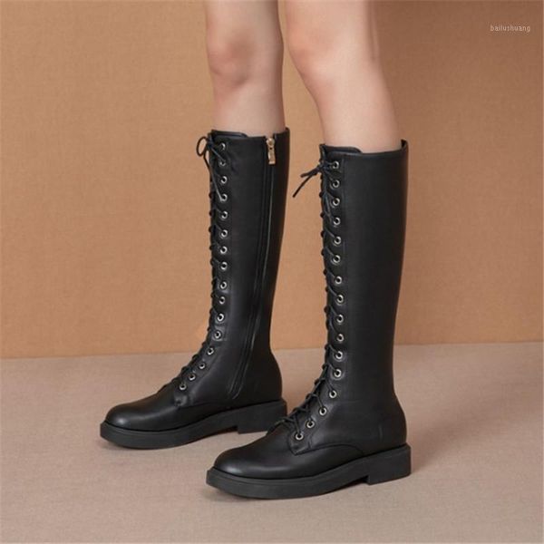 

pxelena 2020 retro british low heels mid calf boots women lace up zip motorcycle riding knight long boots plus size 431, Black