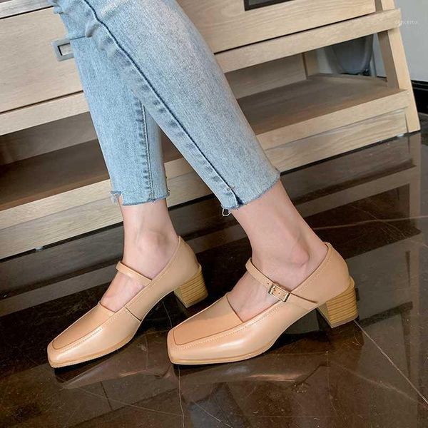 

summer 2020 new leather mid-heeled shoes fashion wild thick with mary jane shoes simple word buckle women's x0471, Black