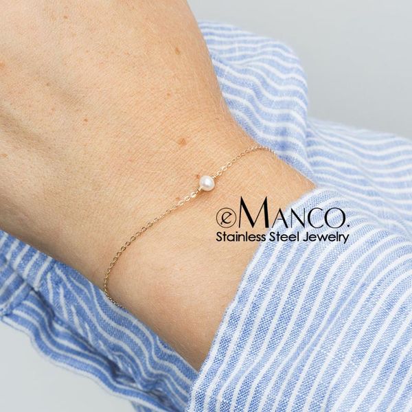 

emanco 316l stainless steel bracelet for women white sea-shell imitation pearls bracelet rose gold color chain, Black
